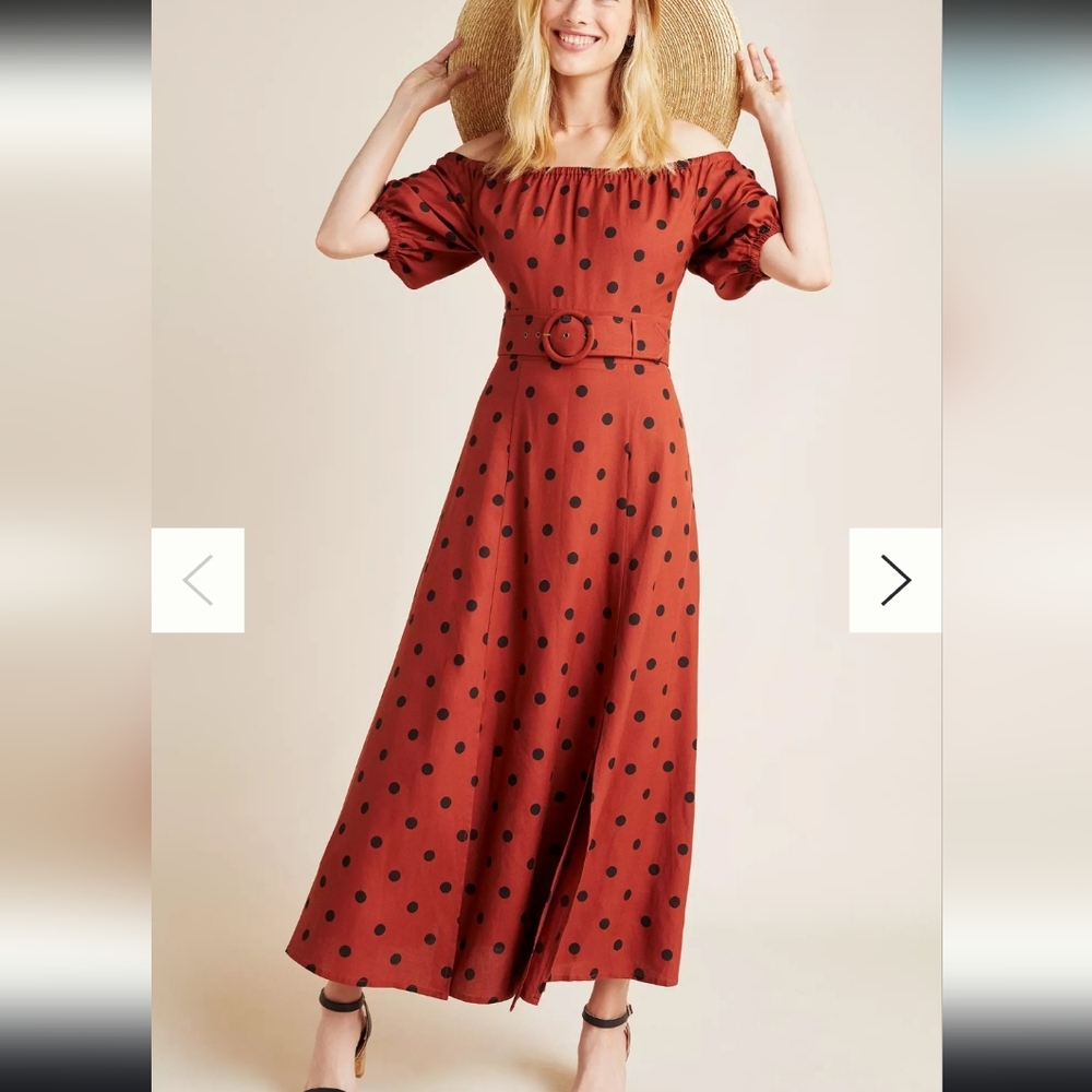 Anthropologie Lucienne Off The Shoulder Maxi Polka Dot Dress Size 2